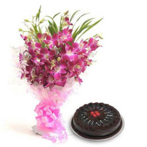 Hunfd Bunch of 6 purple orchids & 500gm truffle cake